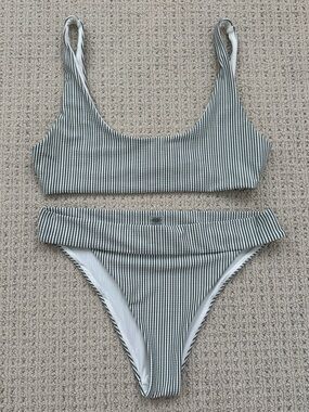 Onia Green and White Ribbed Stripe Bikini Set